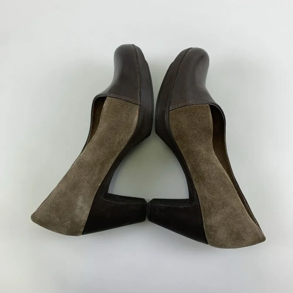Wonders Leather Pump Slip On Brown Tan Suede Round Toe Block Heel Womens 38 7.5